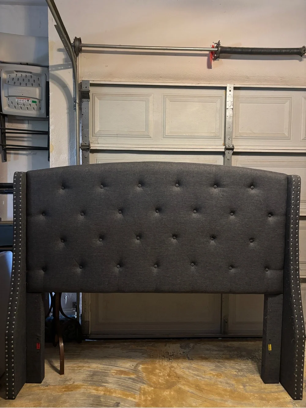 Queen Tufted Dark Gray Upholstered Headboard with Nailhead Trim